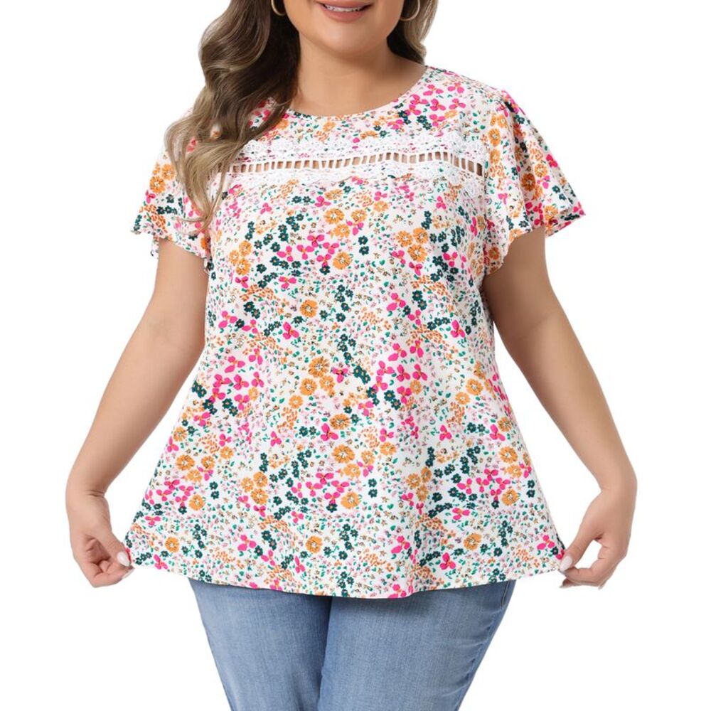 Women Plus Size Short Sleeve Summer Floral Blouse Top White